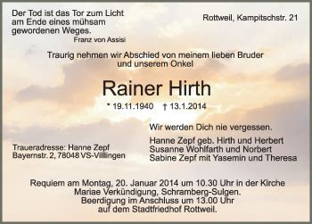 Traueranzeigen Von Rainer Hirth Schwarzw Lder Bote Trauer