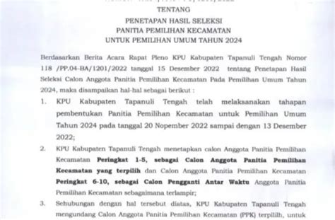 KPU Tapteng Umumkan Calon Anggota PPK Terpilih Kabarnas