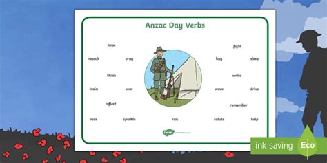 Anzac Day Verbs Word Mat Teacher Made Twinkl