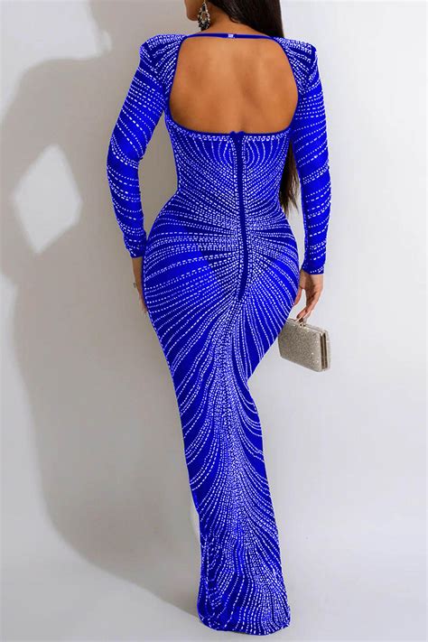 Wholesale Blue Sexy Patchwork Hot Drilling See Through Backless Square Collar Long Sleeve