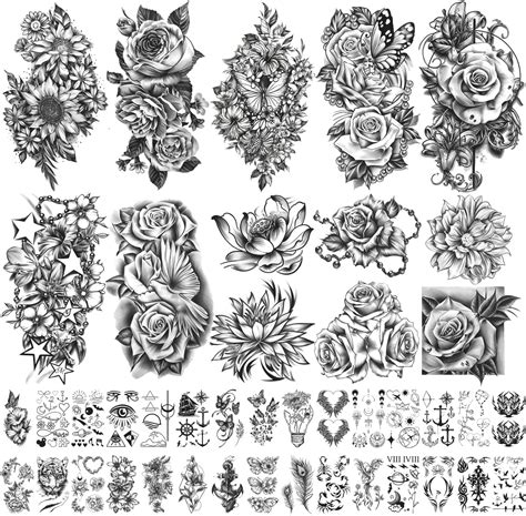 40 Sheets Waterproof Temporary Tattoo For Women And Girl Large Black Peony Rose