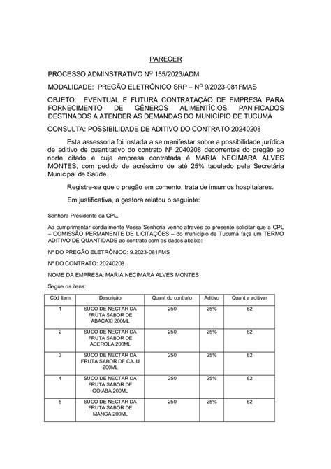 PARECER ADITIVO QUANTITATIVO SUCO Prefeitura Municipal de Tucumã