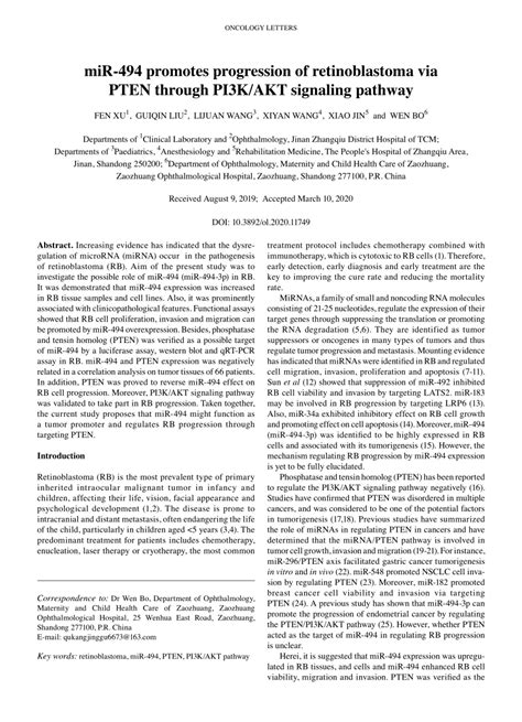 PDF MiR494 Promotes Progression Of Retinoblastoma Via PTEN Through