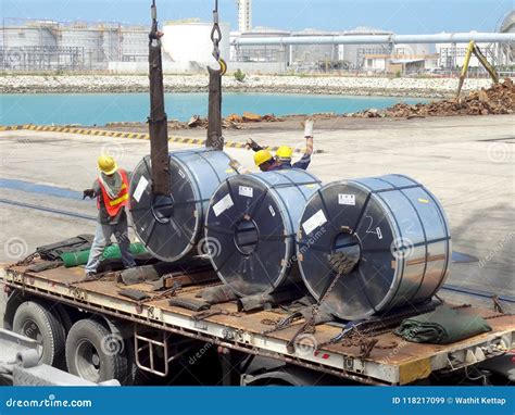 Loading Horizontal Coil on Trailer. Stock Image - Image of berth ...