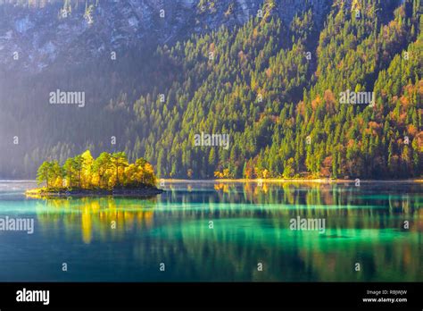 Eibsee Lake In German Bavarian Alps In Grainau Germany In Sunrise