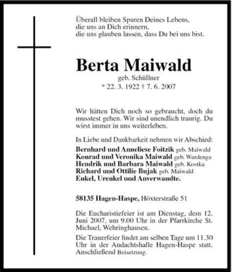 Traueranzeigen Von Berta Maiwald Trauer In NRW De