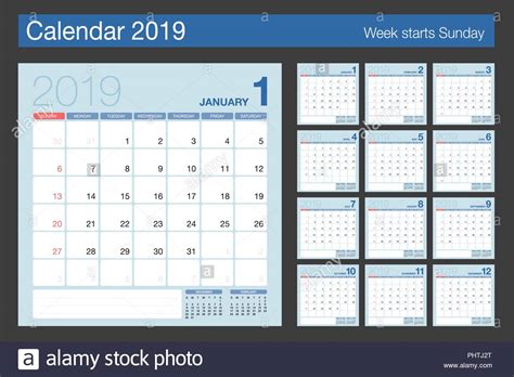 2019 Calendar Desk Calendar Modern Design Template Week Starts Sunday Vector Illustration