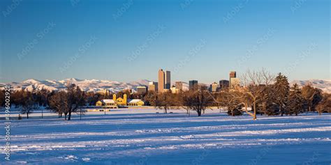 Downtown Denver skyline panorama from City Park in Winter Stock Photo ...