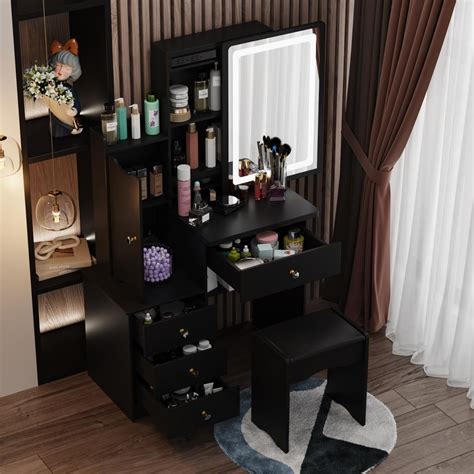 WIAWG 4 Drawers Black Wood LED Push Pull Mirror Makeup Vanity Sets