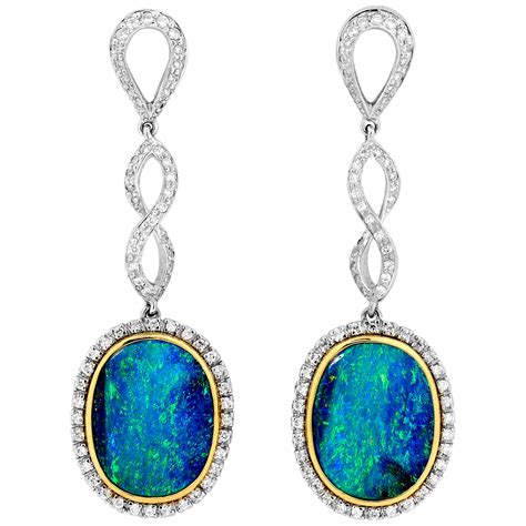 Australian Opal And Diamond Drop Earrings In 18 Karat Yellow Gold For