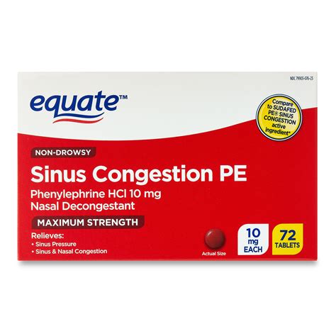 Equate Maximum Strength Non Drowsy Sinus Congestion Pe Medicine 72 Tablets