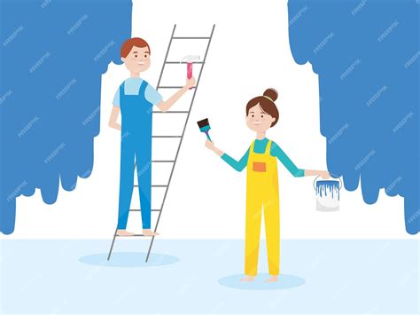 Premium Vector Man On Ladder With Hammer And Girl With Paint Brush