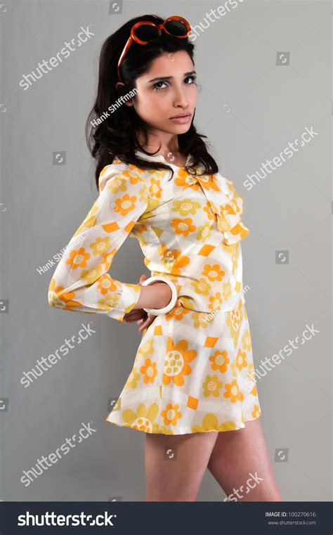 Pretty Slender Brunette Vintage Sixties Miniskirt Stock Photo