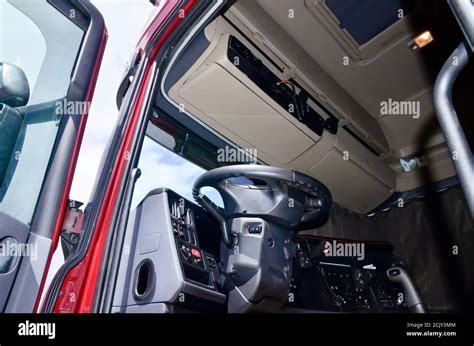 Lorry Driver Cabin Interior And Cb Radio And Steering Wheel Stock Photo