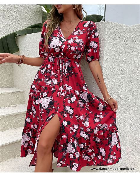 Kleider Rotes Blumen Kleid F R Damen Kurzarm Mit V