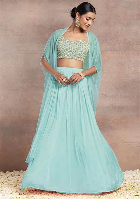 Buy Women Light Blue Lehenga Set With Sequin Pearl Hand Embroidered