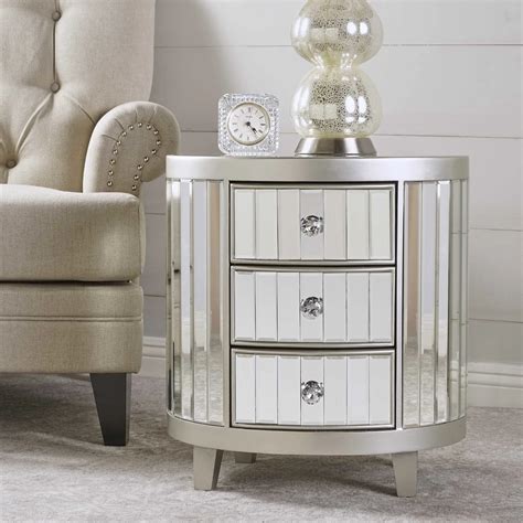 Unique Design Francine Mirrored Cabinet End Table Round Bedside Table