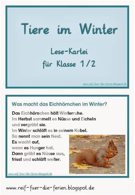 Tiere im Winter Lesekartei Reif für ferien Wald grundschule