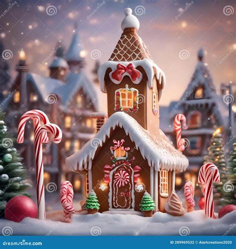 A Whimsical Gingerbread House With Candy Cane Pillars And Gumdrop