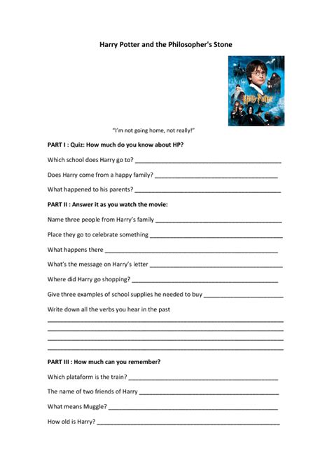 Movie Worksheet Harry Potter And The Philosopher S Stone Simple Past