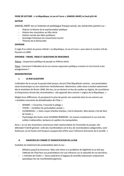 Fiche DE Lecture Seance 6 FICHE DE LECTURE La République la rue