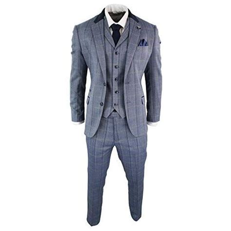 Mens Herringbone Tweed Navy Blue Check Piece Wool Suit Peaky Blinders