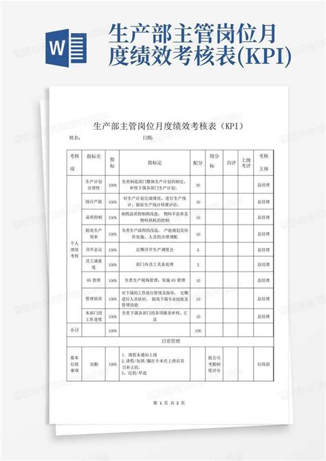 生产部主管岗位月度绩效考核表kpiword模板下载编号lbrzapnj熊猫办公