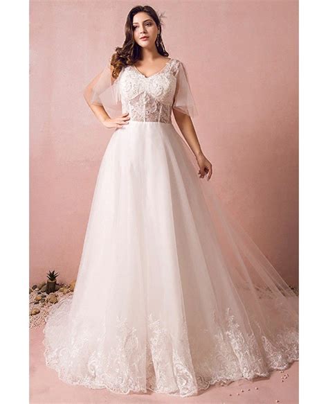 Flowy Plus Size A Line Lace Wedding Dress Tulle Corset With Long Train Mn8028