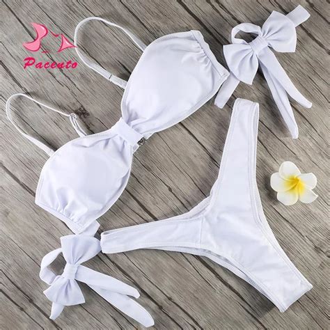 Pacento Bikini Set Solid White Bowknot Wrapped Chest Bikini