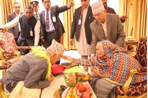 President Paudel Receives Tika From His Elder Sister In Law KathmanduPati