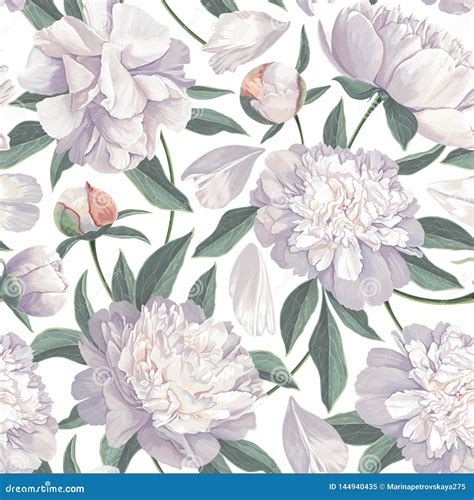 Floral Seamless Pattern With White Peonies Spring Flowers Background