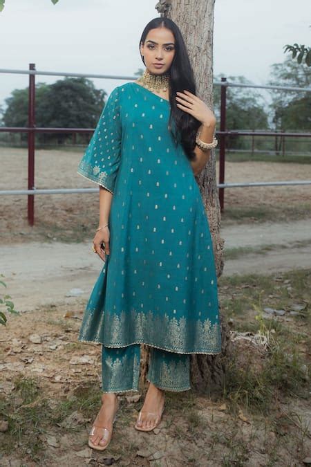 Buy Blue Moonga Silk Woven Floral Pattern Alia A Line Kurta And Pant