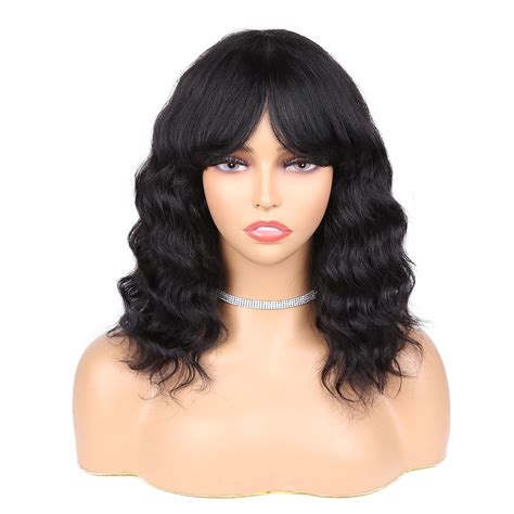 Wignee 100 Virgin Human Hair Loose Deep Wave Wigs With Bangs Brazilian Human Hair Wave Wig For