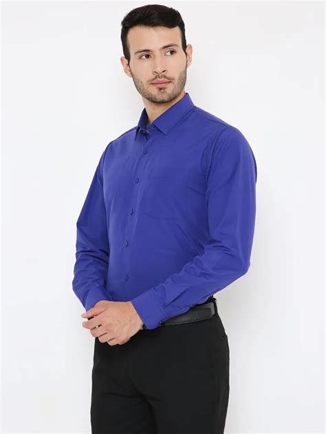 Plain Poly Blend Maharaja Dark Blue Solid Slim Fit Formal Shirt For Men