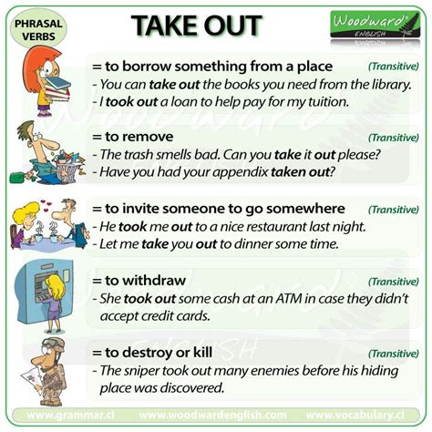 Take Out Phrasal Verb Meanings And Examples Woodward English Learn English English