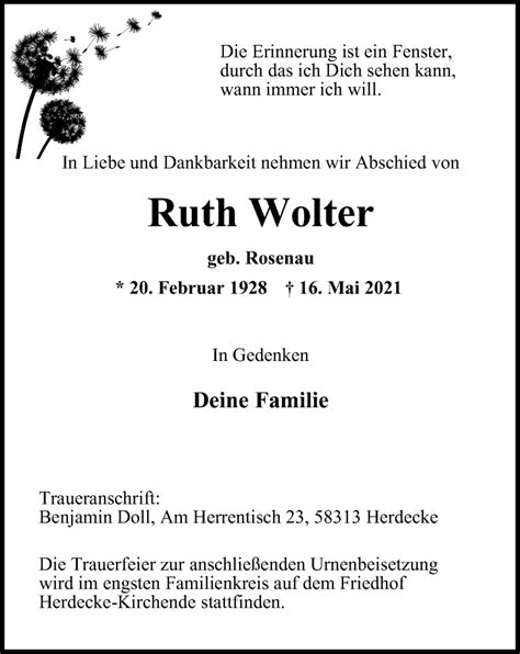 Traueranzeigen Von Ruth Wolter Trauer In NRW De