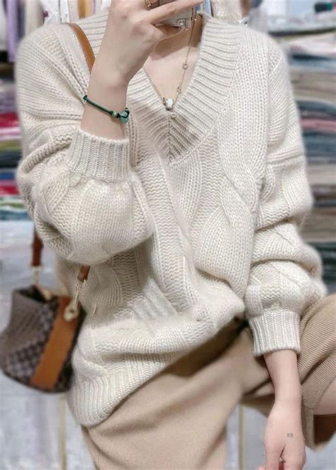 Bohemian White V Neck Cozy Cable Knit Sweater Tops Winter Женские