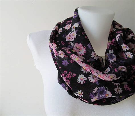 Floral Infinity Scarf Black Circle Scarf Chiffon Infinity