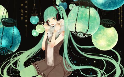 Hình Nền Hình Minh Họa Anime Cô Gái Màu Xanh Lá Hoạt Hình Vocaloid Hatsune Miku Tai Nghe