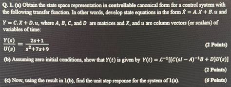 Solved Q 1 A Obtain The State Space Representation In Chegg