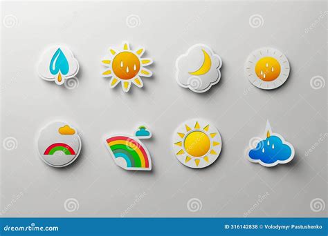 Weather Icons Set With Sun Clouds Rain And Rainbow Stock Photo