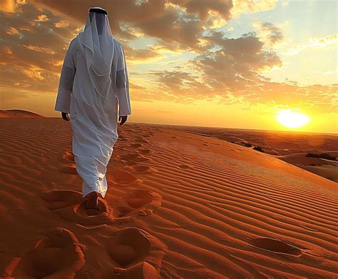 Premium Photo A Man Walks Through The Desert With The Sun Setting