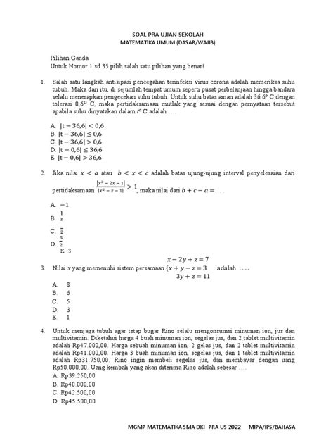 Paket Soal Pra Us Matematika Umum Wajib Tahun 2022 Revisi Pdf