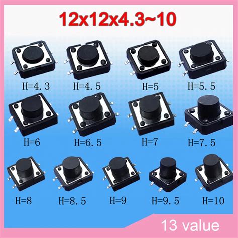 13valuesx10pcs 130pcs Tact Switch Kit 12 12 4 3 10mm SMD Tactile Push