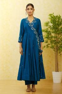 Buy Blue Pure Spun Silk Hand Embroidered Sequins V Neck Angrakha Pant