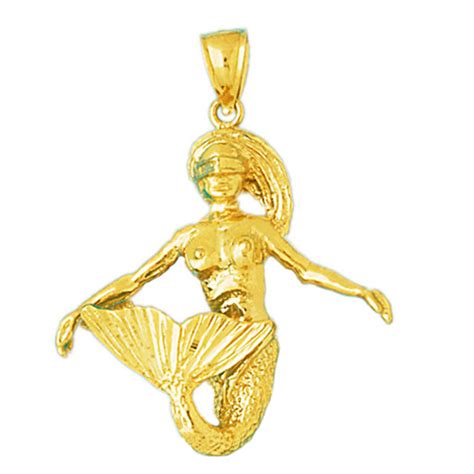 14k Gold 3d Mermaid Swimming On Her Back Pendant