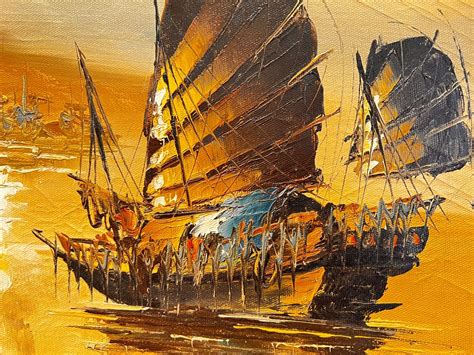 Vintage Original Chinese Junk Boat Painting Signed Asian Artwork Oil On