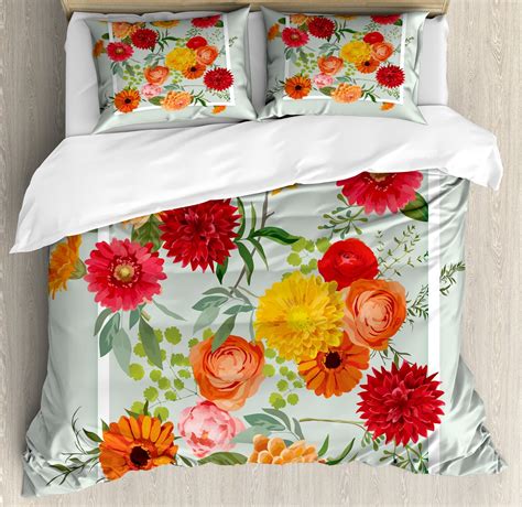 Shabby Flora Duvet Cover Set Floral Flowers Leaves Buds Frame Art