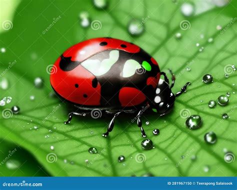 Ladybug On Green Leaf With Water Drops Generative Ai Illustration