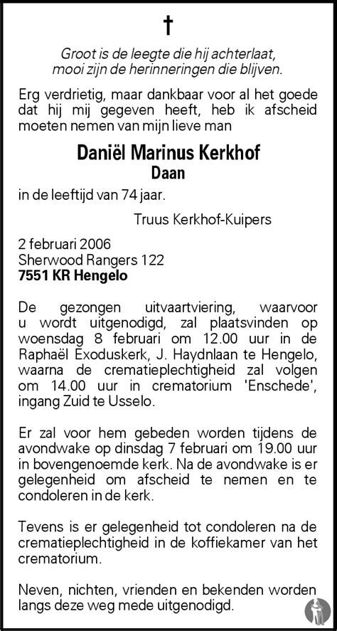 Daniël Marinus Daan Kerkhof 02 02 2006 overlijdensbericht en